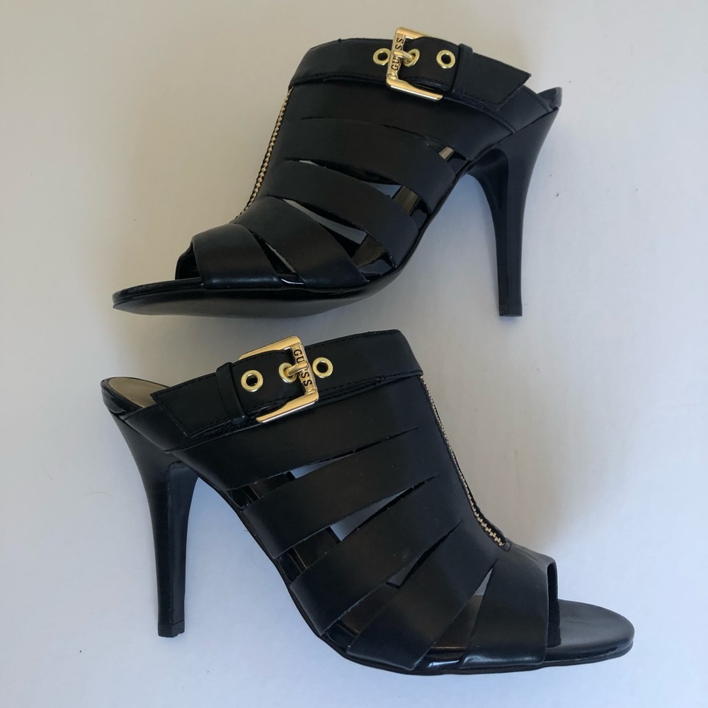 Black Buckle & Zipper Strappy Slides -NWOT